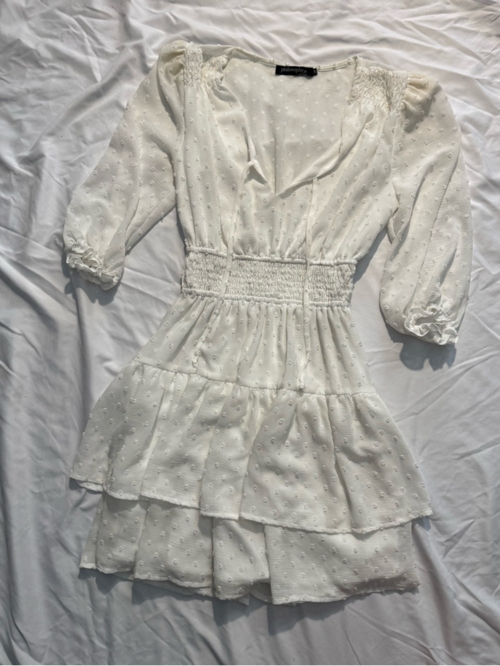 White Textured Swiss Dot Smocked Waist Dress